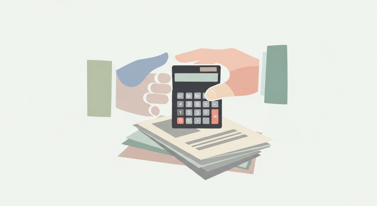 Tangan memegang kalkulator di atas dokumen pinjaman rumah.