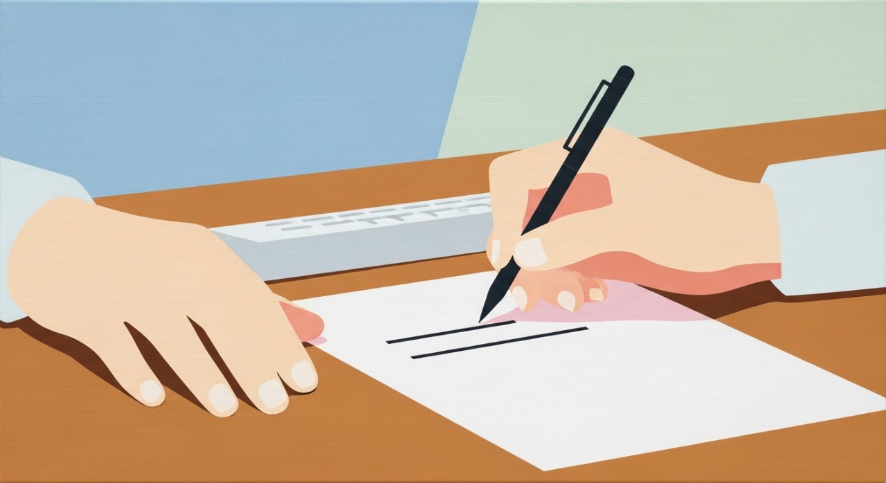 Panduan Semak Baki Pinjaman Melalui Surat Rasmi 2026 1 Tangan seseorang sedang menaip atau menulis draf kandungan surat rasmi di atas kertas putih.