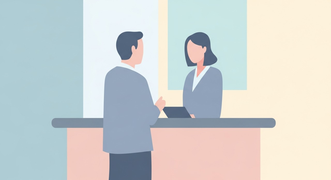 Seorang pelanggan sedang berbincang dengan pegawai bank tentang masalah baki akaunnya.
