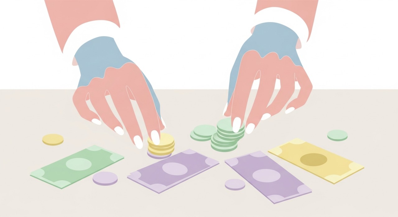 Tips Memahami Jadual Pinjaman Anda di Tahun 2026 1 Tangan sedang menyusun syiling atau wang kertas di atas meja.