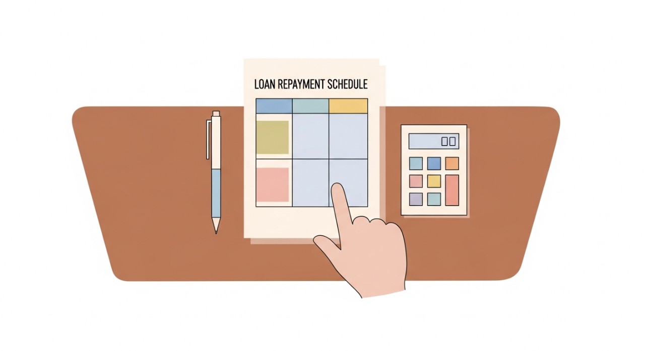 Tangan seseorang sedang menunjuk kepada jadual bayaran balik pinjaman di atas meja.