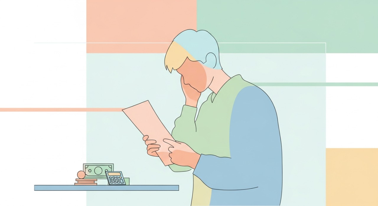 Seorang dewasa muda sedang memegang dokumen penyata kewangan atau pinjaman sambil merancang pembayaran balik.