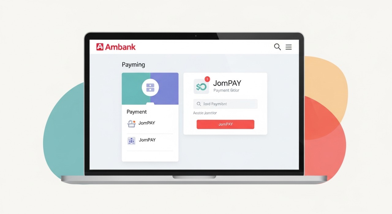 Cara Bayar Loan Kereta AmBank Paling Mudah & Selamat 1 Skrin komputer riba memaparkan pilihan pembayaran JomPAY untuk pinjaman bank.
