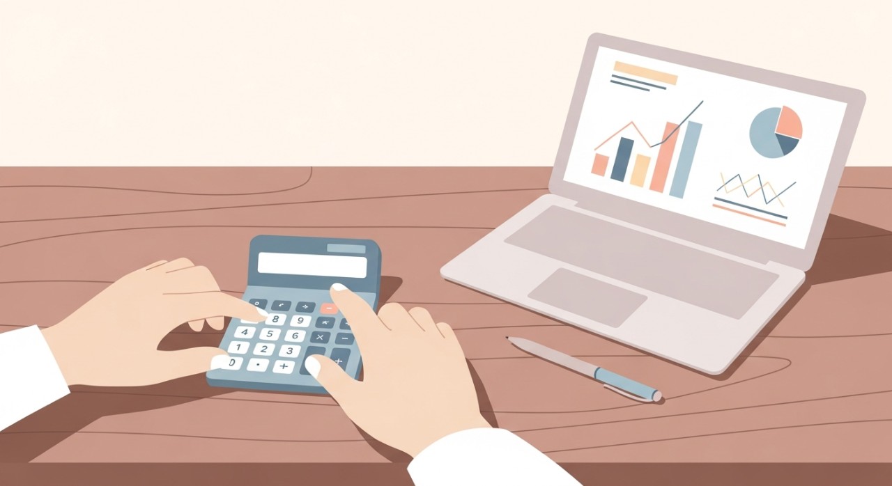 Dua tangan sedang menggunakan kalkulator di atas meja, dengan dokumen perbankan dan pen di sebelahnya.