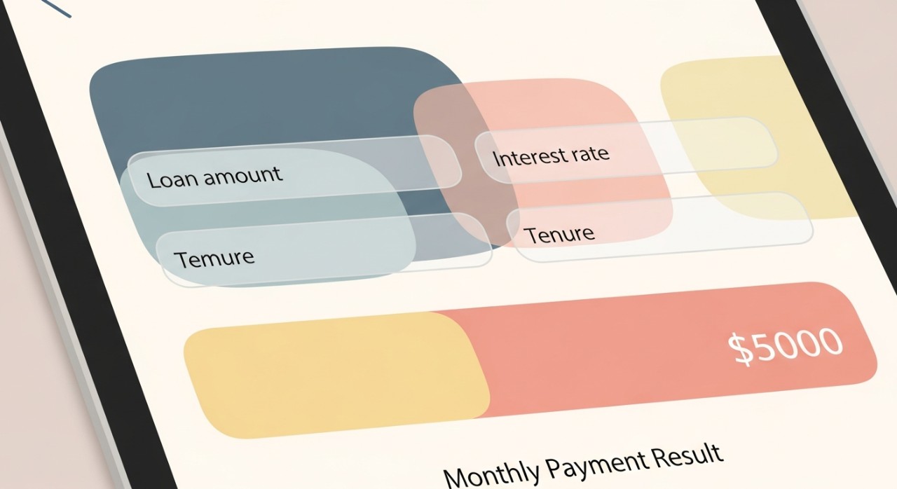Paparan skrin tablet menunjukkan antara muka kalkulator pinjaman dengan medan untuk jumlah, tempoh dan kadar faedah.