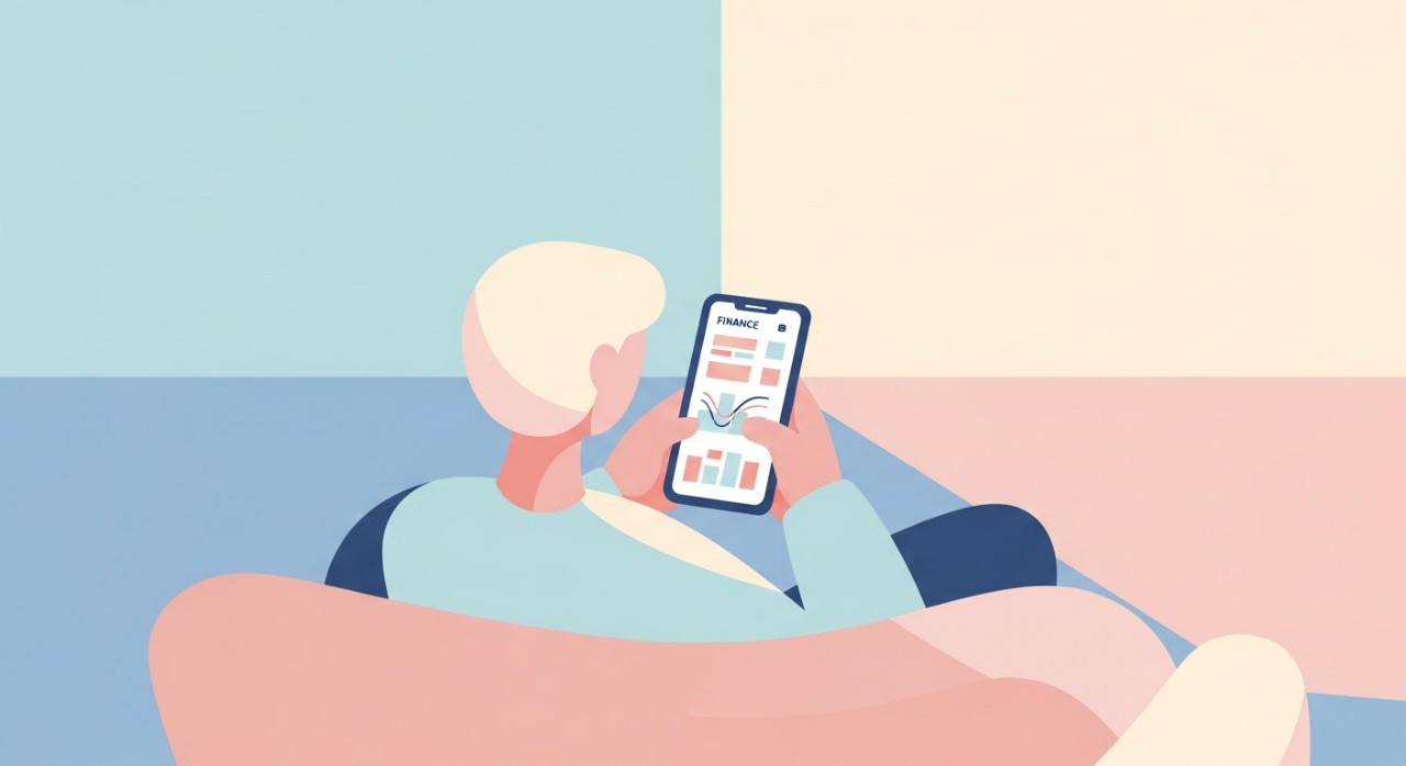 Seseorang sedang duduk santai di sofa sambil menyemak akaun pinjaman mereka melalui aplikasi mudah alih.