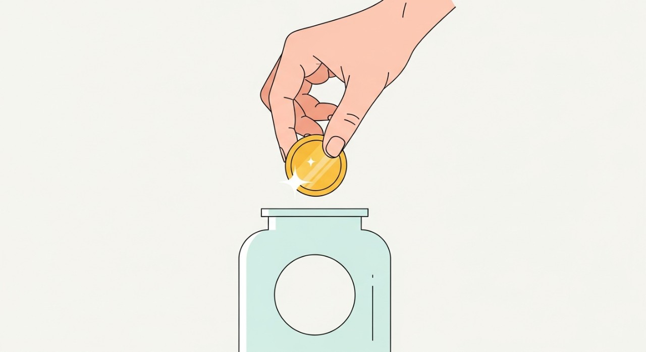 Cara Bijak Pelaburan Emas Public Gold Paling Untung 1 Tangan sedang memasukkan syiling emas ke dalam tabung simpanan berbentuk minimalis dan moden.