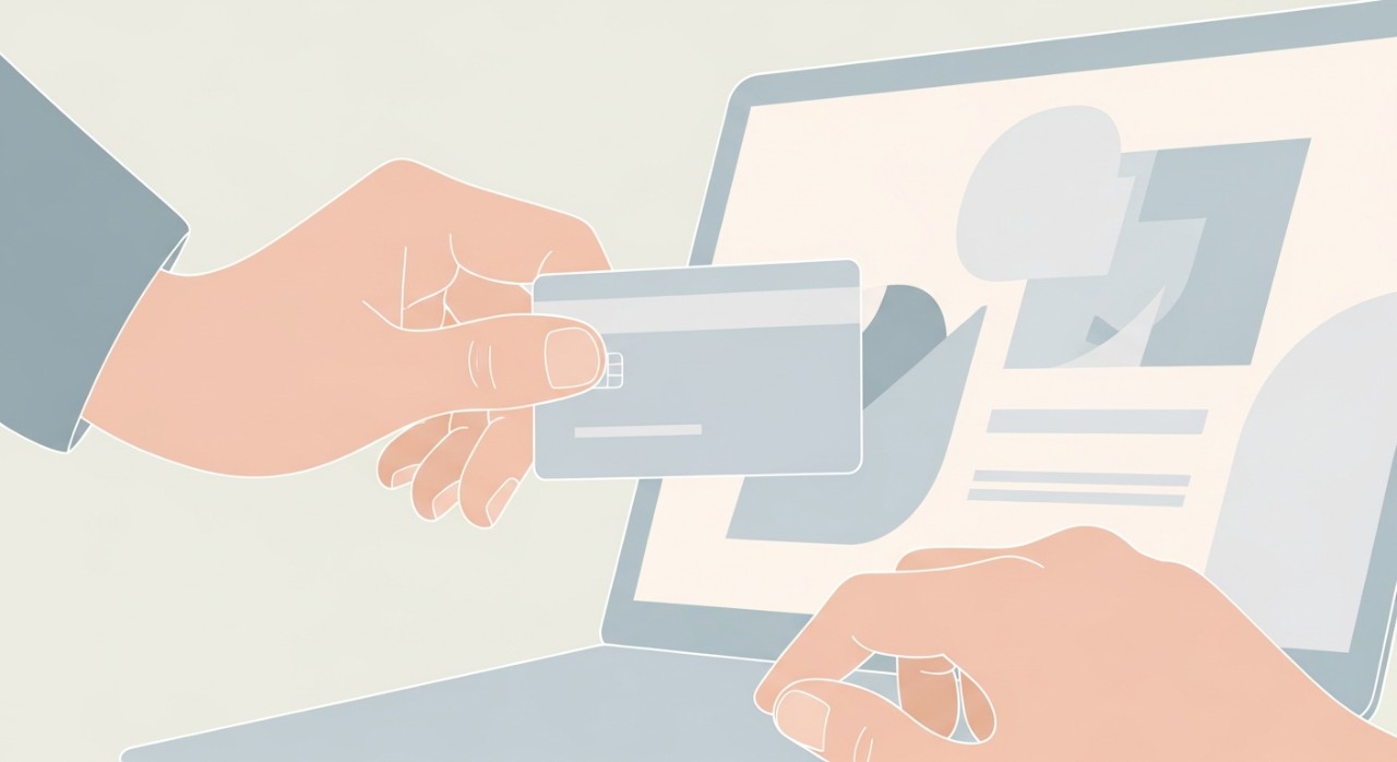 Penyelesaian Masalah Semak Baki Pinjaman Anda 1 Tangan sedang memegang kad bank di hadapan skrin komputer riba yang memaparkan portal perbankan.