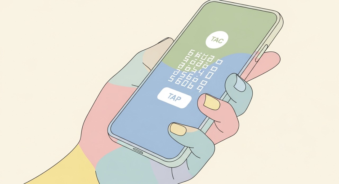 Tangan memegang telefon bimbit yang menunjukkan notifikasi kod pengesahan transaksi (TAC) BSN.