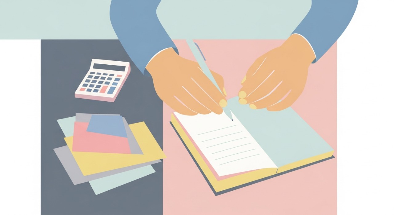 Tangan sedang menulis di buku nota di meja dengan kalkulator dan dokumen kewangan.