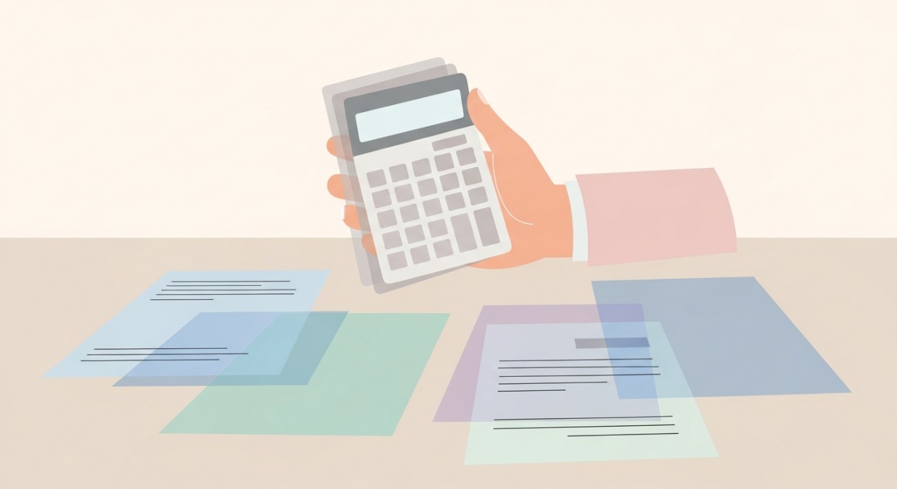 Tangan seseorang memegang kalkulator di atas dokumen perjanjian pinjaman peribadi di meja.