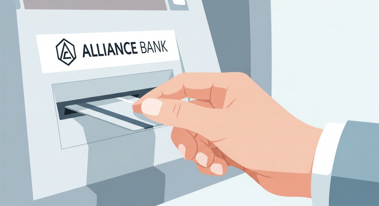 Tangan sedang memasukkan kad debit ke dalam mesin ATM Alliance Bank untuk melakukan transaksi.