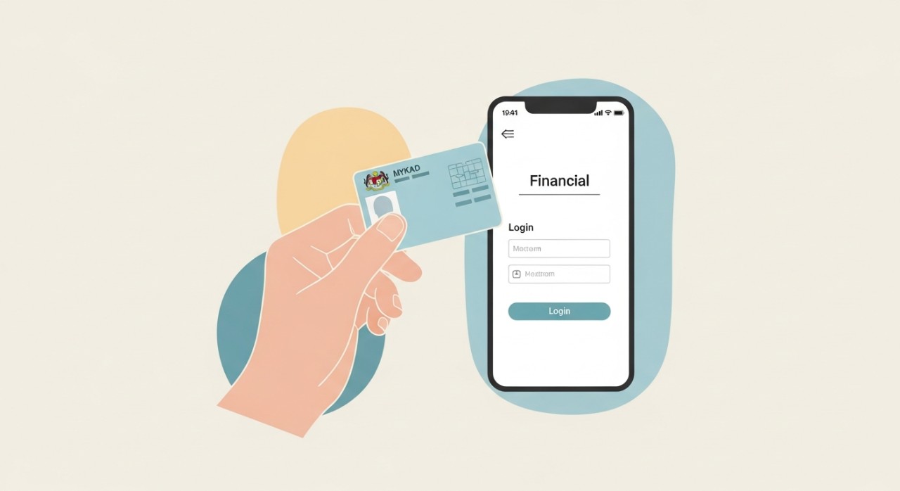 Tangan sedang memegang kad pengenalan dan telefon untuk log masuk ke aplikasi ASNB.