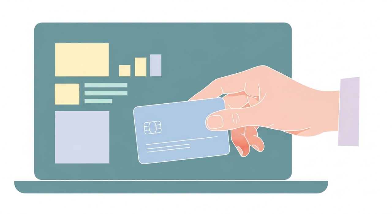 Tangan memegang kad bank sambil melihat maklumat akaun pinjaman pada skrin komputer riba.