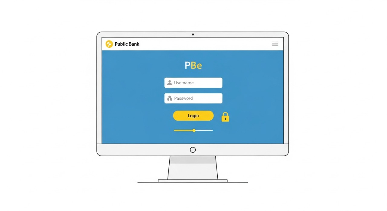 Paparan skrin komputer riba menunjukkan laman web perbankan Public Bank untuk log masuk ke akaun pengguna.