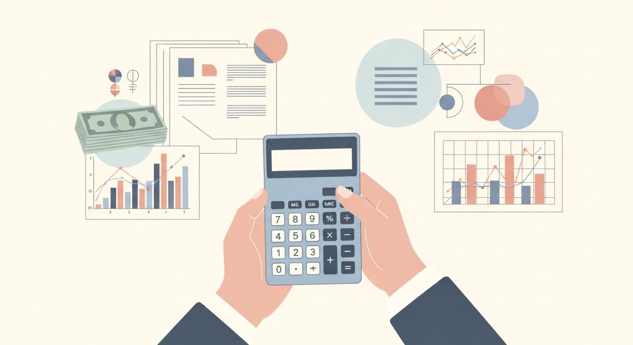 Panduan Keselamatan Semak Baki Pinjaman Online Terkini 1 Tangan memegang kalkulator di depan tumpukan wang tunai dan dokumen pinjaman yang rumit.