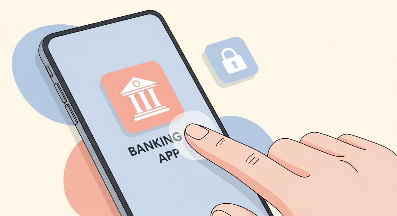 7 Cara Berkesan Semak Baki Pinjaman Tanpa Kad ATM 2026 1 Jari menekan ikon aplikasi perbankan di skrin telefon pintar di sebelah kunci keselamatan.