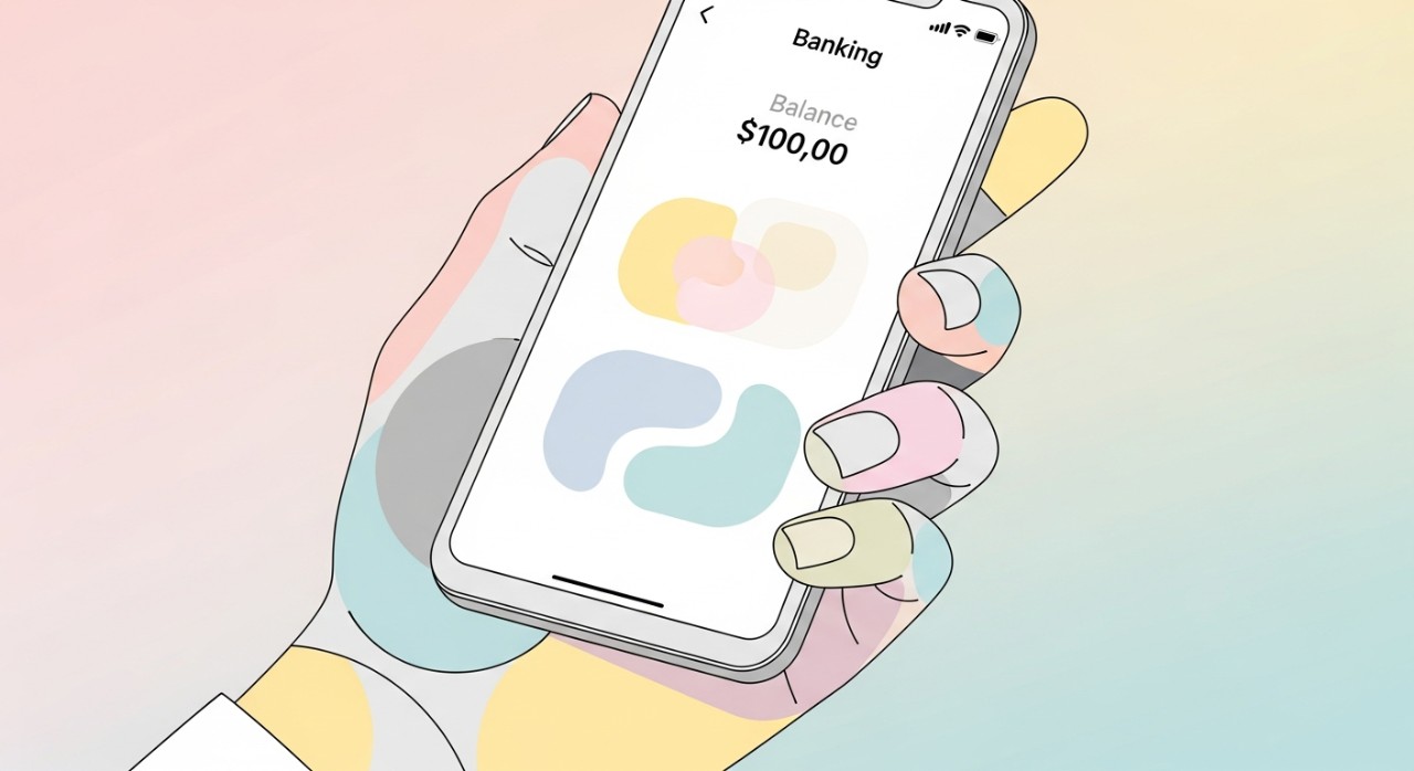 Tangan memegang telefon pintar yang menunjukkan paparan aplikasi perbankan dengan jumlah baki.