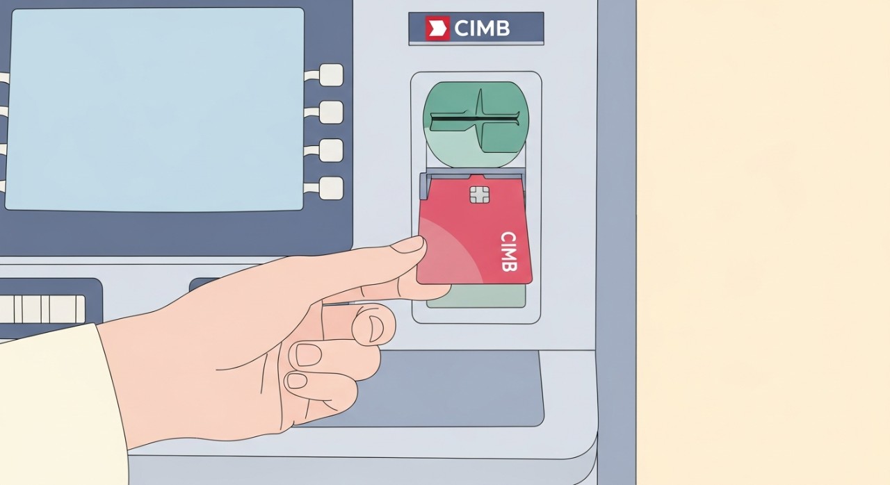 Panduan Penuh Cara Semak Baki Akaun CIMB (Online & Offline) 1 Tangan seseorang sedang memasukkan kad debit ke dalam mesin ATM CIMB untuk melakukan transaksi.