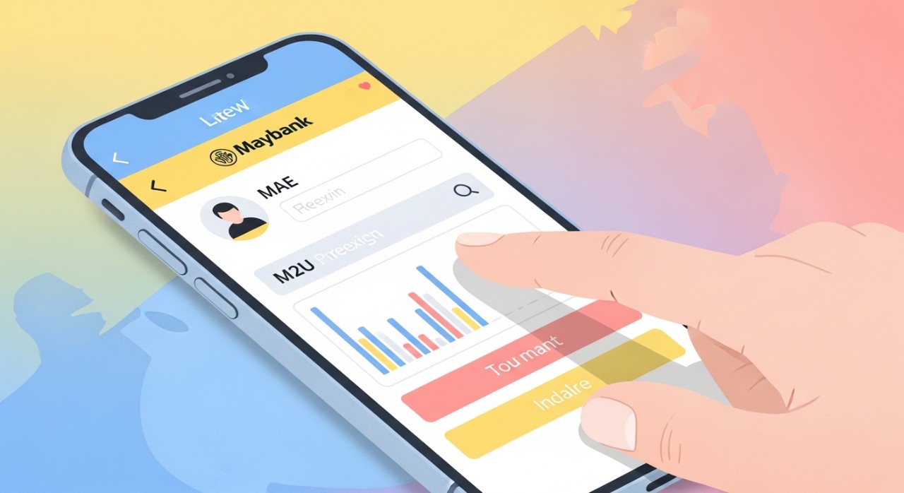 Tangan sedang menekan butang pada skrin aplikasi Maybank di telefon pintar.
