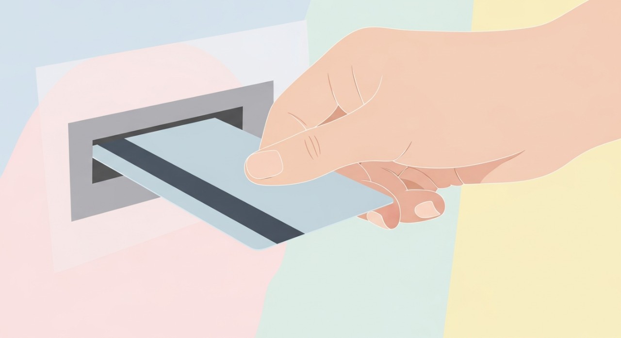 Tangan seseorang memasukkan kad debit ke dalam mesin ATM untuk menyemak baki akaun.