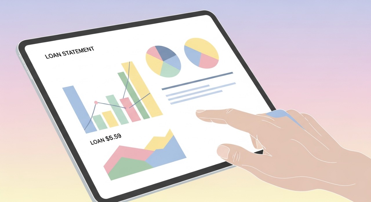 Tangan seseorang memegang tablet yang memaparkan data kewangan dan nombor baki pinjaman.