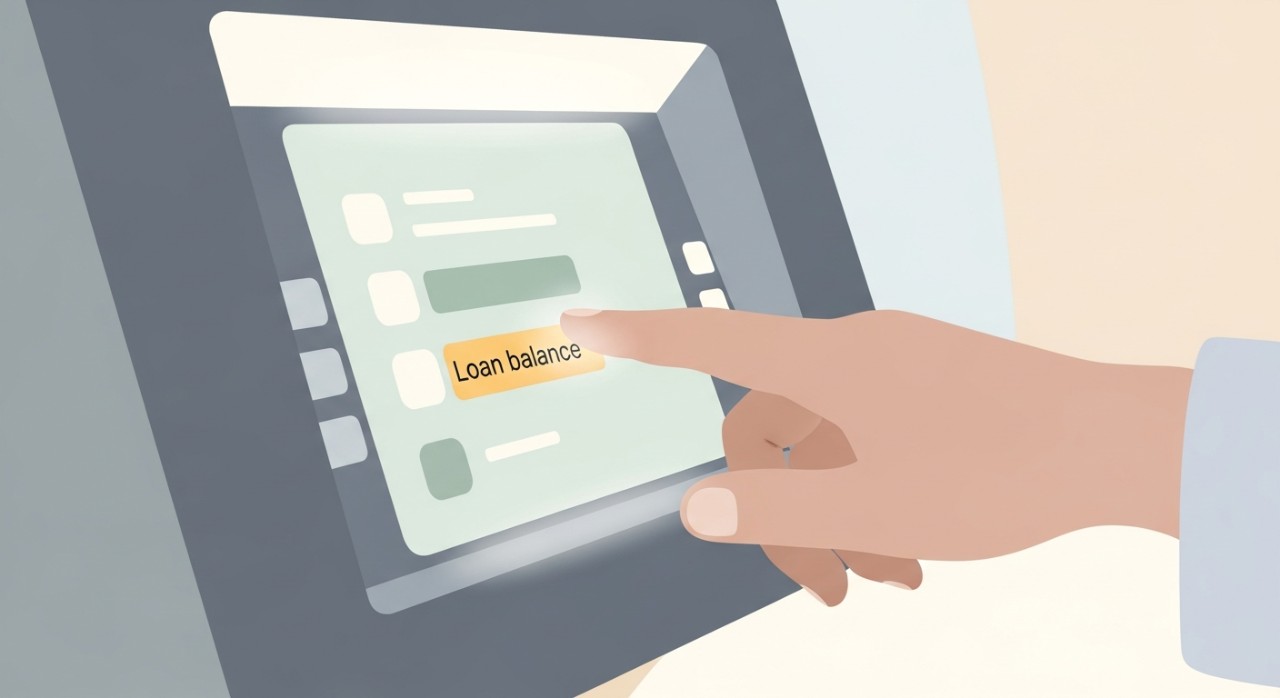 Cara Semak Baki Pinjaman Kereta Maybank Online Melalui ATM 1 Tangan seseorang sedang menyentuh skrin mesin ATM Maybank untuk melihat baki pinjaman kereta.