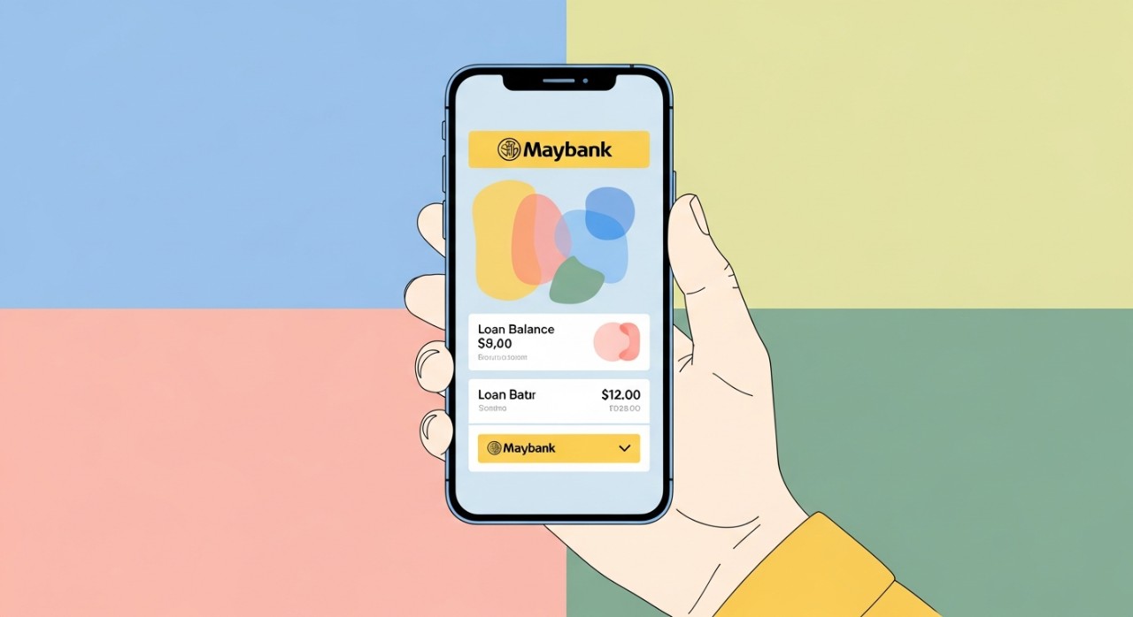 Seseorang sedang memegang telefon pintar dan melihat skrin yang memaparkan paparan aplikasi perbankan mudah alih.