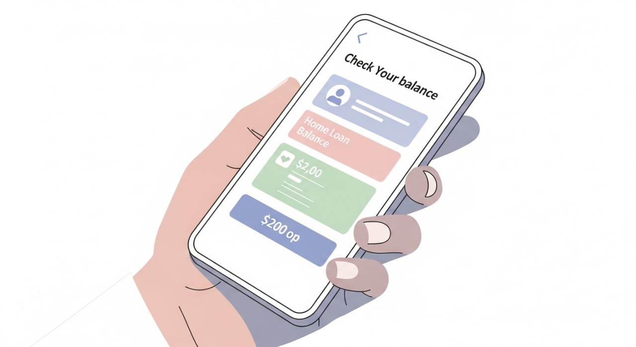 Tangan sedang memegang telefon pintar yang memaparkan halaman semakan baki pinjaman perumahan dalam talian.