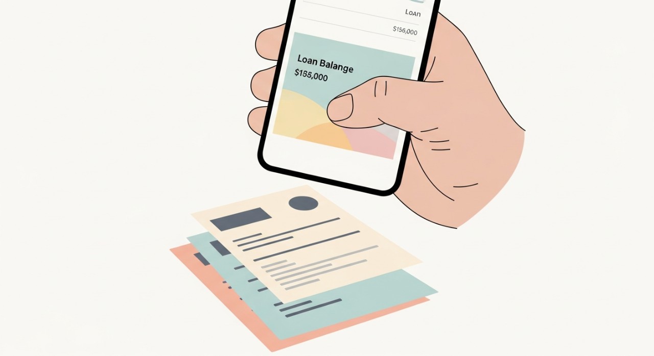 Tangan seseorang memegang telefon bimbit yang memaparkan baki pinjaman dengan latar belakang penyata kewangan.