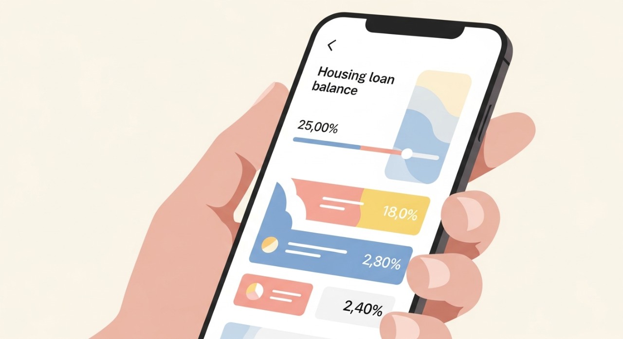 Tangan sedang memegang telefon pintar yang memaparkan baki pinjaman perumahan dalam aplikasi perbankan.