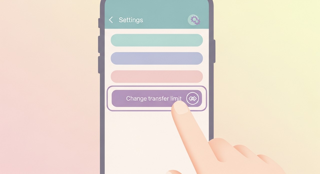 Cara Tukar Transfer Limit Maybank2u Paling Mudah 1 Tangan seseorang sedang menekan butang untuk menukar had pemindahan pada skrin tetapan Maybank2u di telefon bimbit.