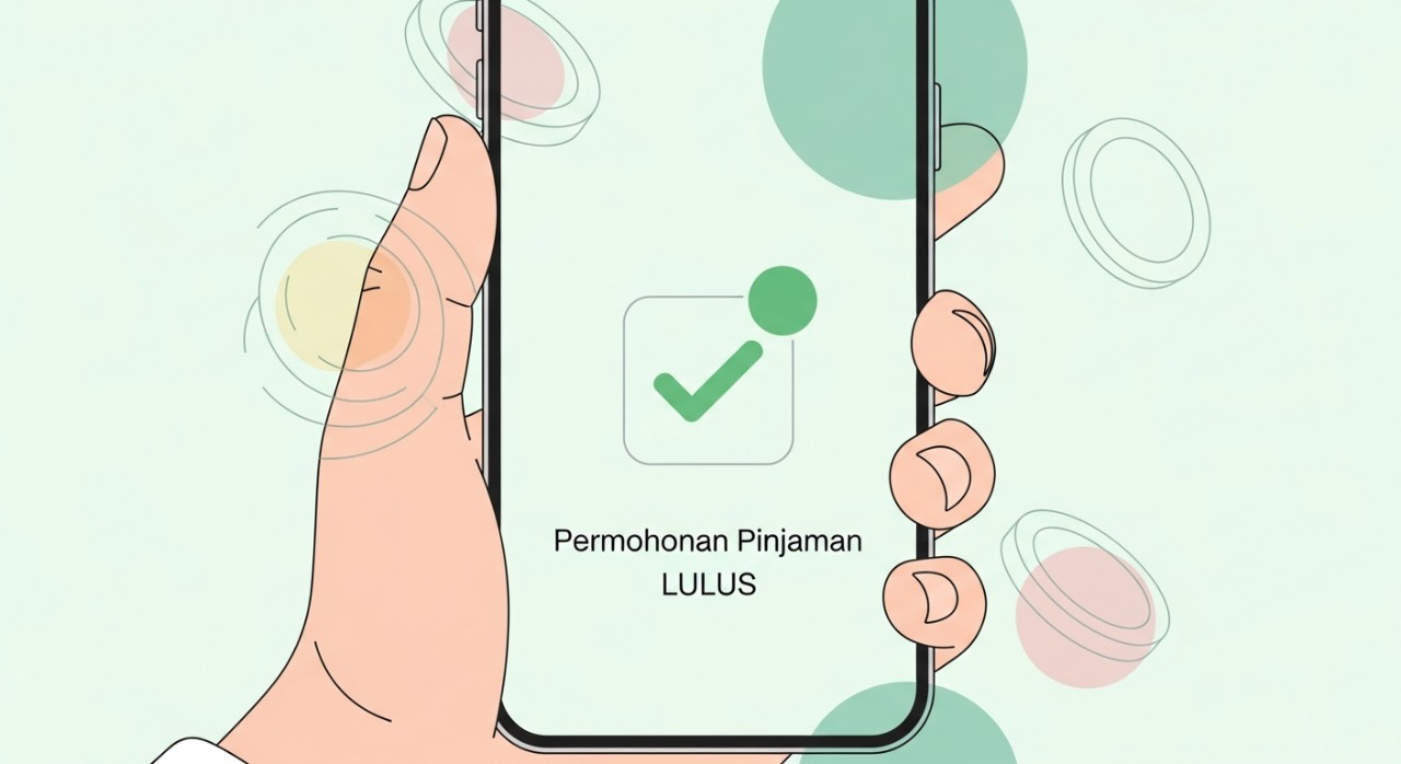 Tangan sedang memegang telefon bimbit menunjukkan notifikasi kelulusan pinjaman.