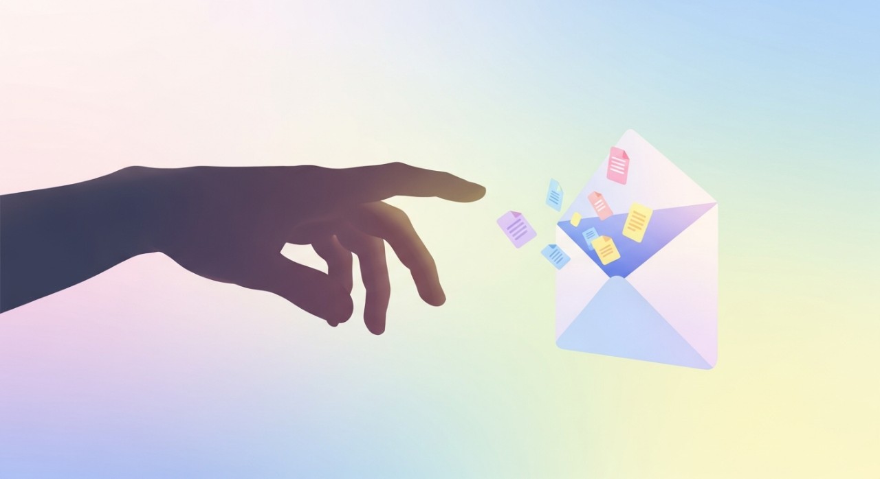 Tangan misteri cuba mencuri data sensitif daripada ikon sampul surat emel yang terbuka.