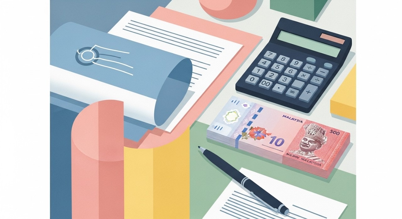 Setumpuk dokumen kewangan, kalkulator, dan wang tunai di atas meja.