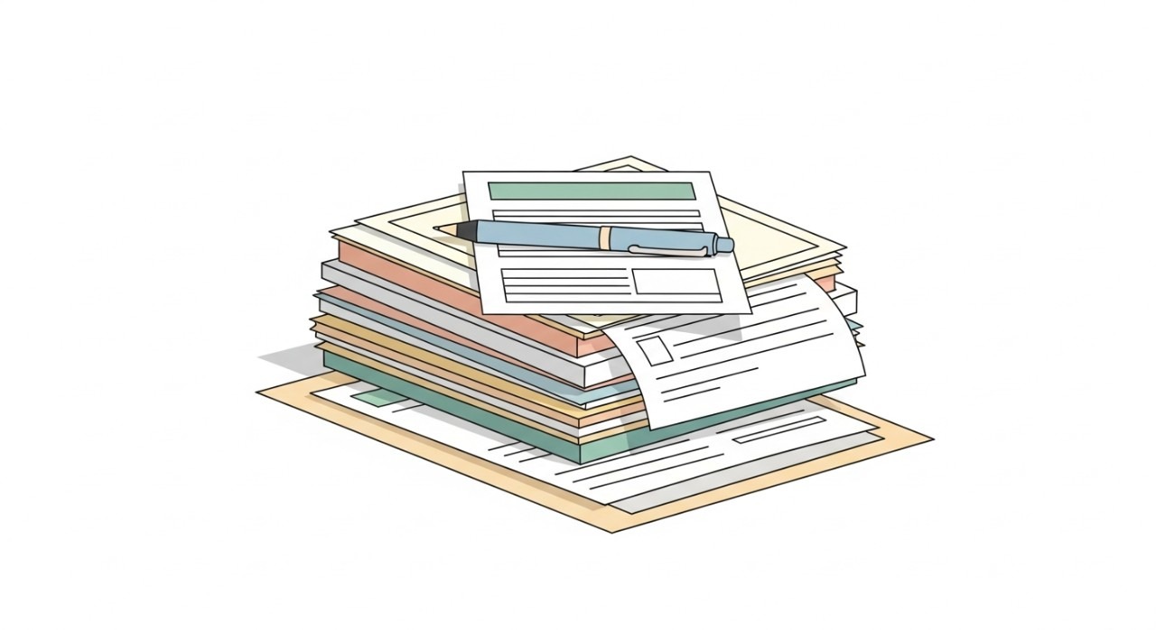 Cara Batalkan Pinjaman ASB CIMB dengan Mudah 1 Satu timbunan dokumen rasmi dan borang kewangan di atas meja dengan sebuah pen diletakkan di atasnya, menandakan proses penyediaan kertas kerja.