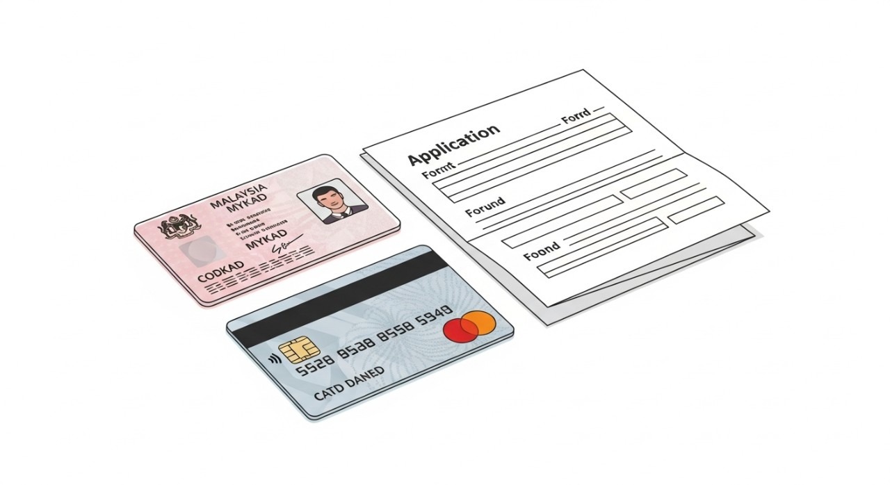 Cara Tukar Kad Bank Islam: Panduan Lengkap & Kos Terkini 1 MyKad dan kad debit lama diletakkan bersama sekeping borang ringkas di atas meja kaunter bank.