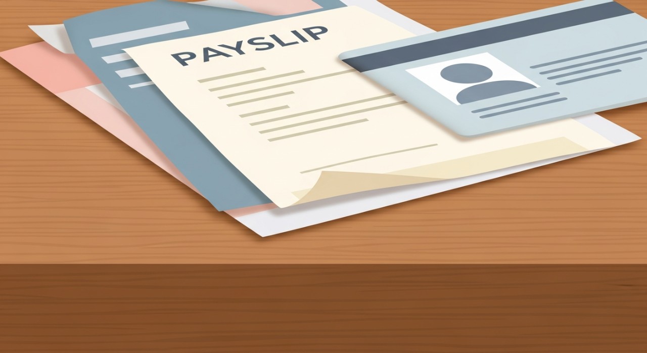 Maklumat Diperlukan Semak Pinjaman Kereta 1 Susunan dokumen penting seperti slip gaji dan kad pengenalan di atas meja kayu.