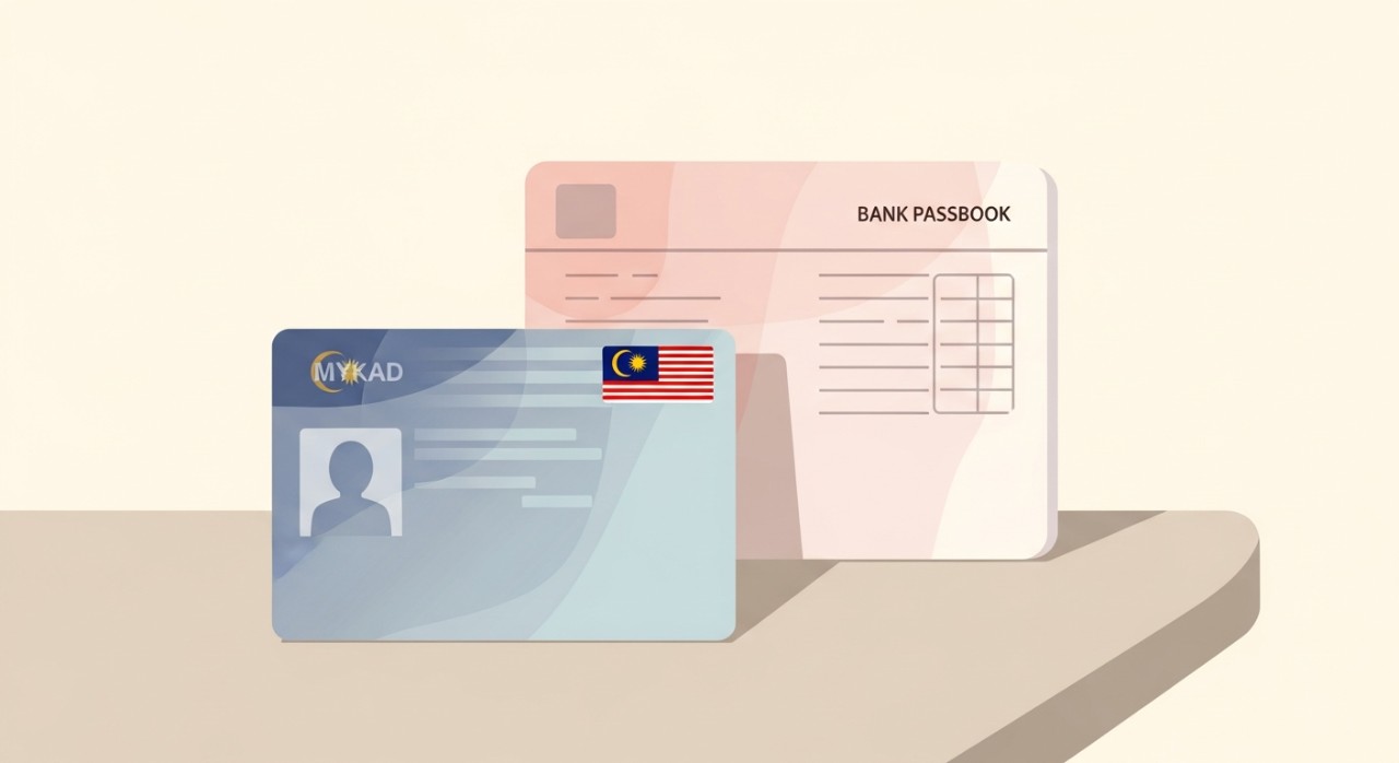 Pengaktifan Semula Akaun BSN: Cara yang Mudah Ringkas 1 Kad pengenalan MyKad dan buku akaun bank diletakkan di atas meja.