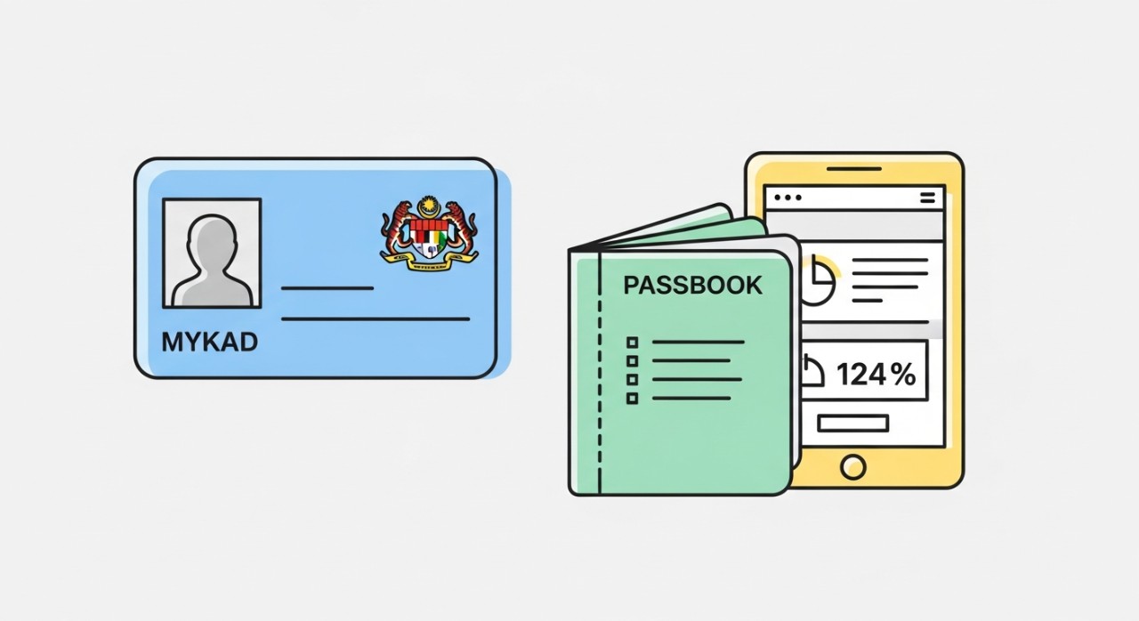 Susunan kad pengenalan MyKad dan buku akaun simpanan yang diletakkan di atas meja.