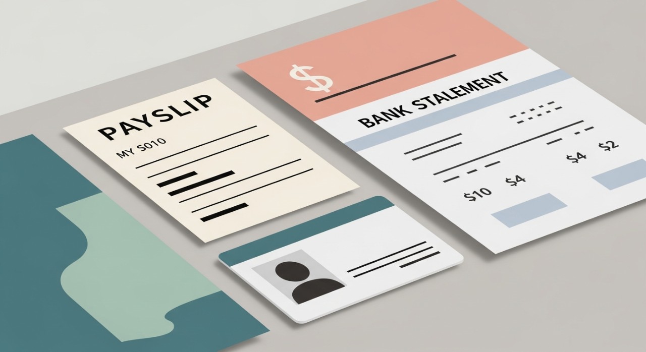 Tinjauan dekat dokumen penting seperti penyata gaji, kad pengenalan, dan penyata bank yang disusun di atas meja.