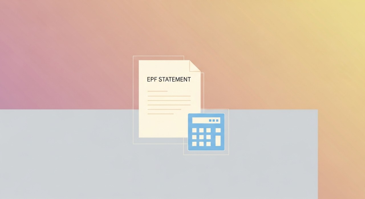 Dokumen penyata Kumpulan Wang Simpanan Pekerja (KWSP) bersama kalkulator di atas meja.