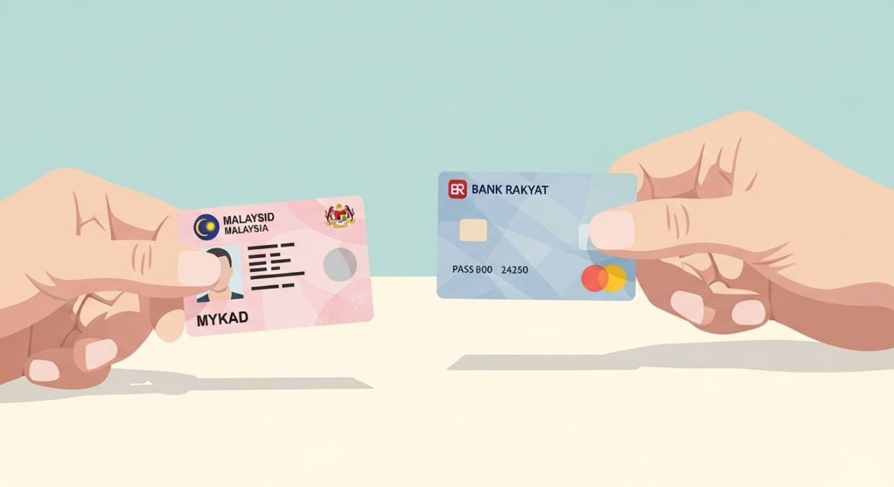 Dokumen Diperlukan Semak Baki Bank Rakyat Terkini 2026 1 Tangan memegang kad pengenalan dan buku simpanan Bank Rakyat untuk tujuan pengesahan.
