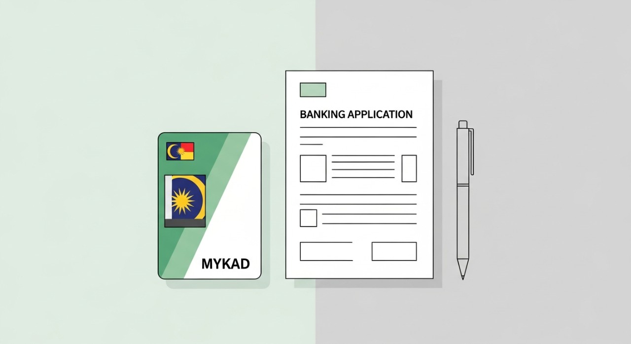 Kad Pengenalan Malaysia (MyKad) diletakkan di atas borang permohonan bank yang bersih.