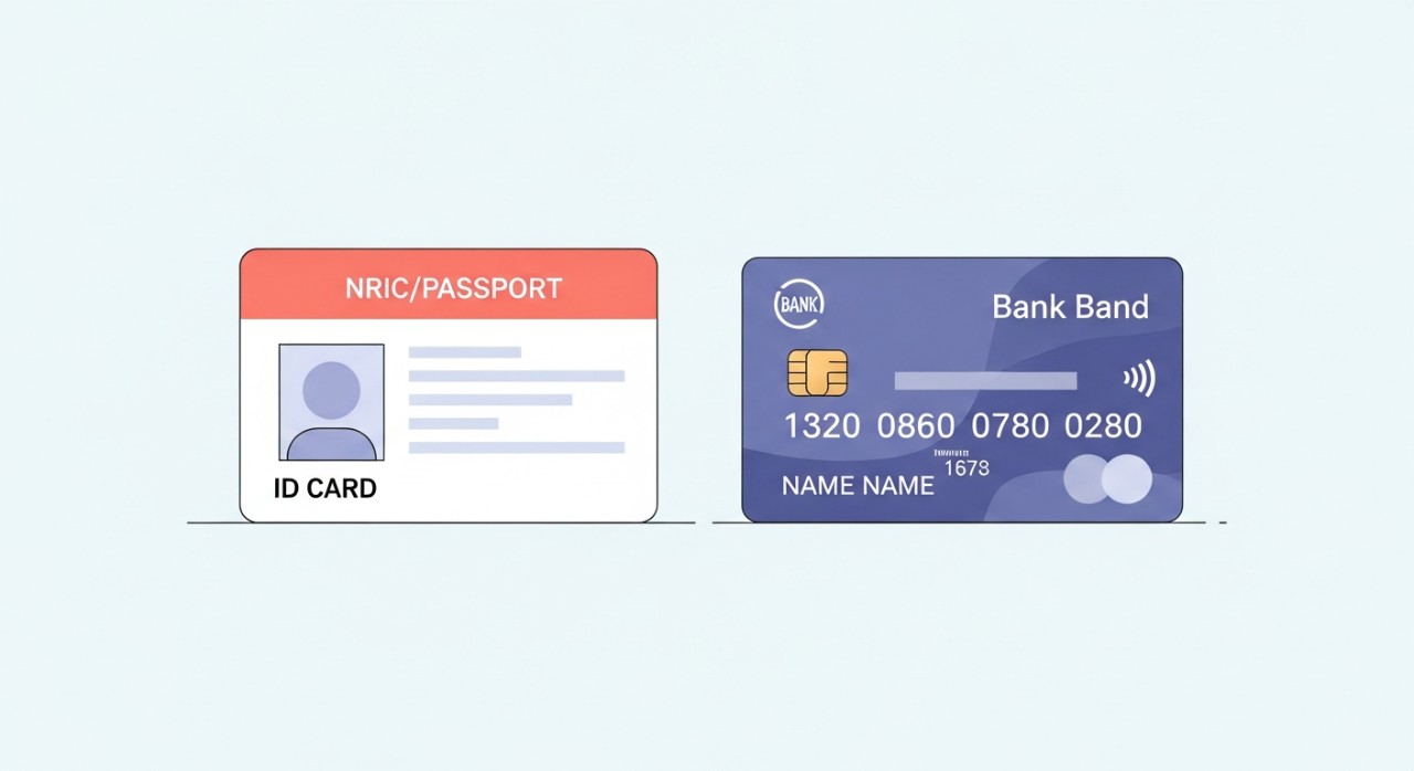 Susunan kad pengenalan atau pasport bersama dengan kad debit bank di atas permukaan rata.