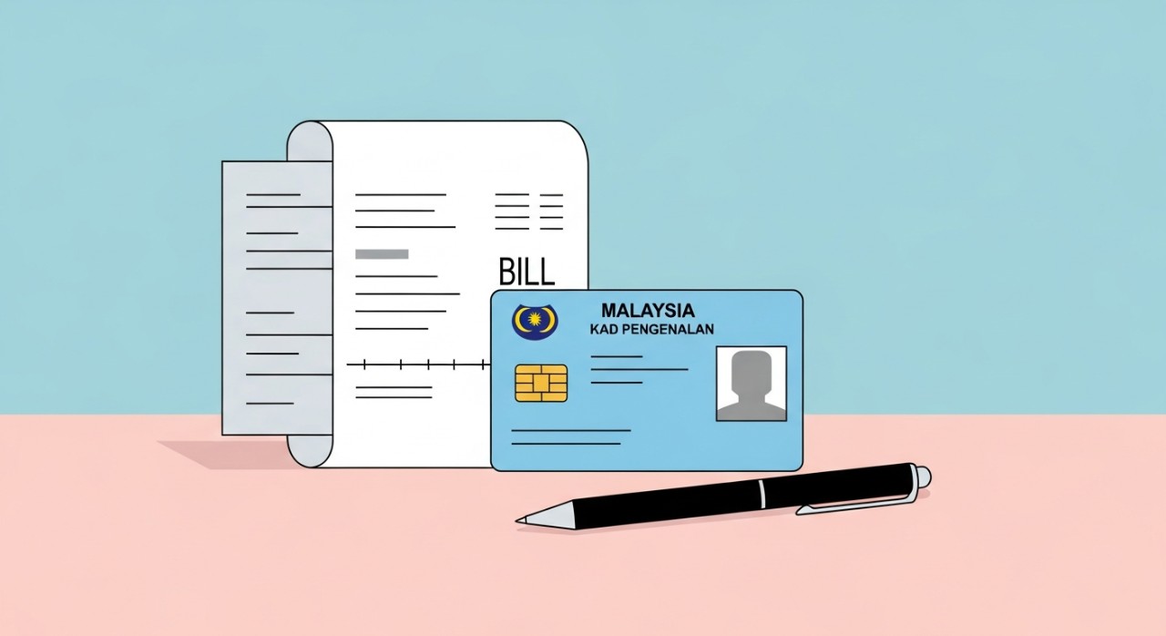 Panduan Lengkap & Rinci: Cara Buka Akaun Bank Islam 1 Susunan kad pengenalan Malaysia dan beberapa dokumen lain di atas meja, sedia untuk proses permohonan akaun bank.