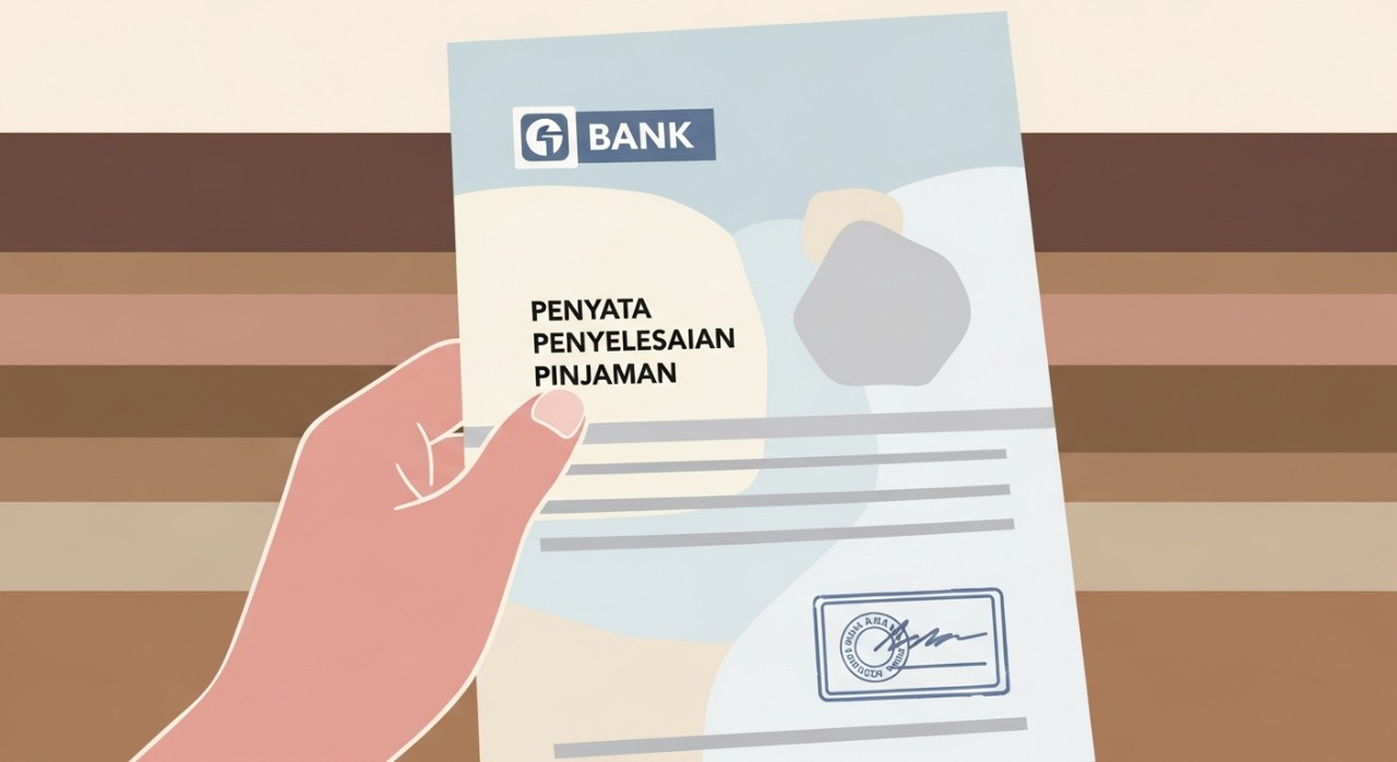 Pandangan dekat tangan memegang dokumen rasmi yang dilabelkan sebagai Penyata Penyelesaian Pinjaman yang telah dicop.