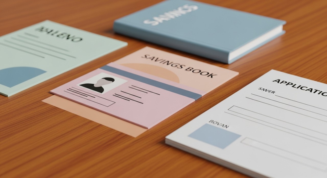 Cara Keluarkan Duit ASB: Panduan Penuh Online & Kaunter 1 Tiga keping dokumen penting seperti kad pengenalan, buku ASB, dan borang permohonan di atas meja.