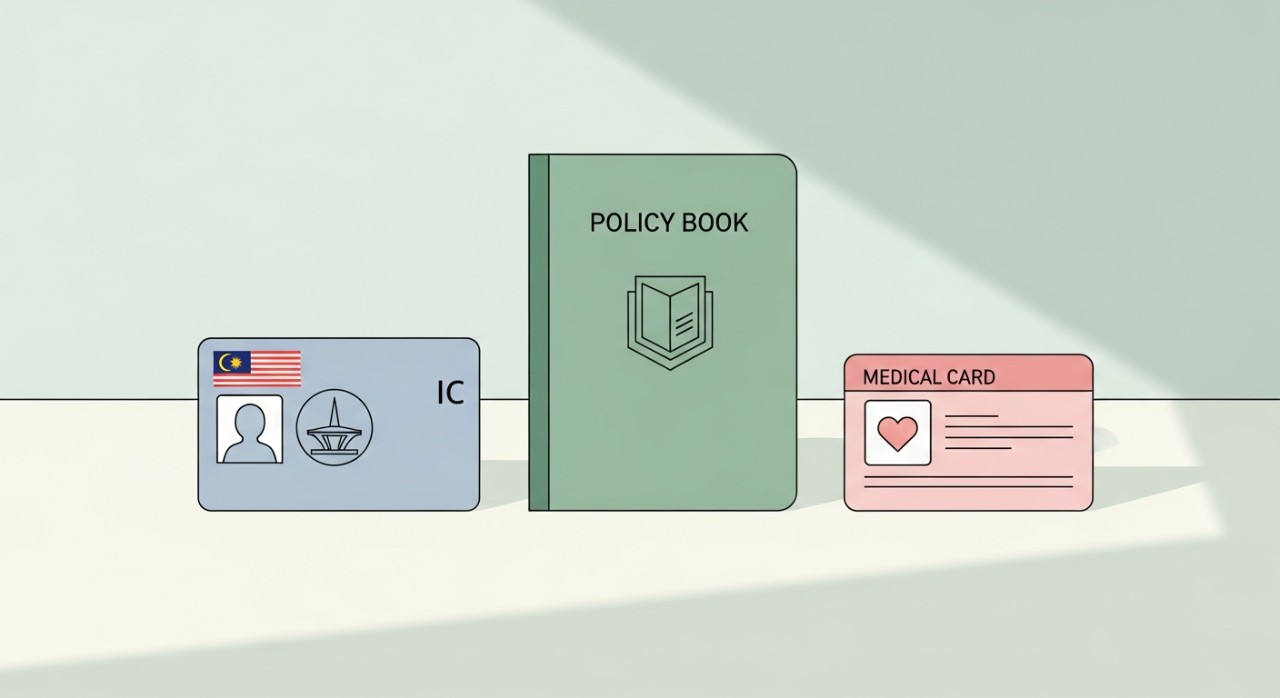 Cara Guna Medical Card Takaful Ikhlas Tanpa Rasa Cemas 1 Susunan dokumen penting seperti kad pengenalan, buku polisi, dan kad perubatan di atas meja.