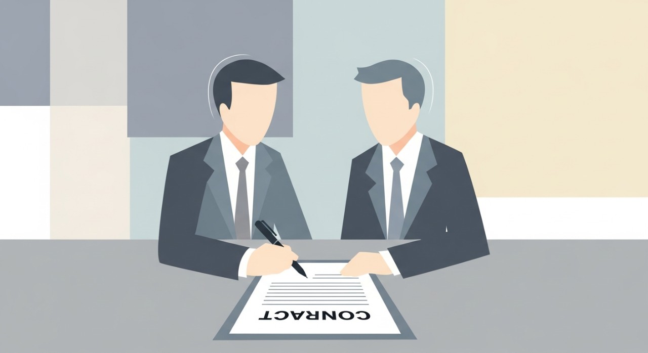 Faktor Beza Baki Semasa Penyelesaian: Panduan Lengkap 1 Dua profesional perniagaan sedang duduk di meja meneliti butiran akhir dalam dokumen perjanjian.